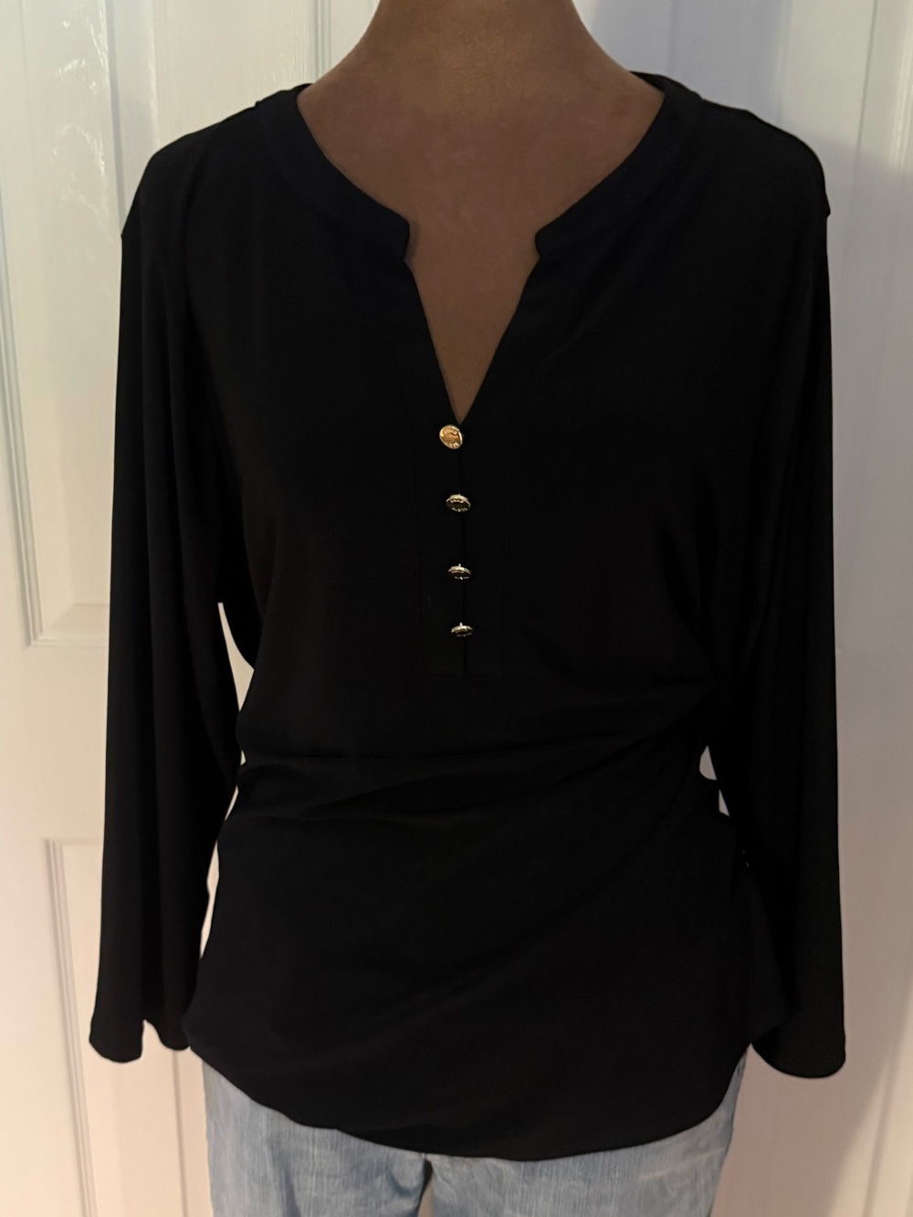 Anne Klein Black Long-Sleeve Split V-Neck Top with Gold Buttons